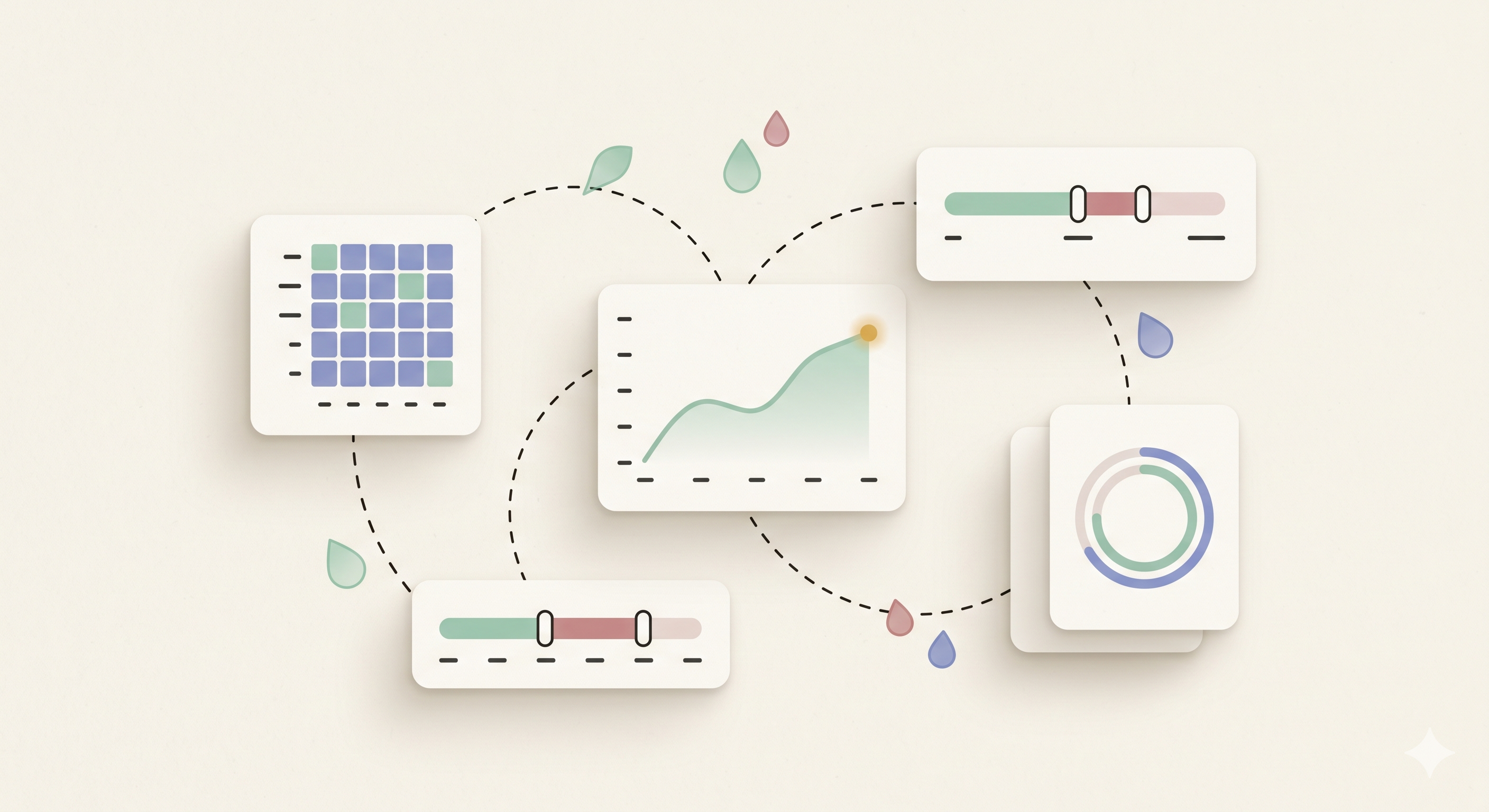 QuiQuote interactive drops — a heatmap, trend chart, range sliders and progress ring connected by dashed motion paths and colored learning drops